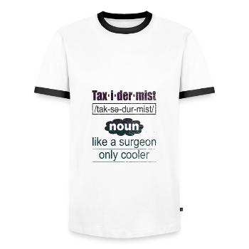 Definition des Präparators wie ein Chirurg, nur kühler - Männer Kontrast-T-Shirt - Weiß/Schwarz - Vorne - AI Model Female 172 light (172cm) & AI Model Male 178 dark (178cm)