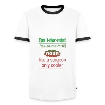 Definition des Präparators wie ein Chirurg, nur kühler - Männer Kontrast-T-Shirt - Weiß/Schwarz - Vorne - AI Model Female 172 light (172cm) & AI Model Male 178 dark (178cm)