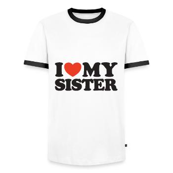 I Love My Sister Heart T-Shirt - Men's Ringer Shirt - white/black - Front - AI Model Female 172 light (172cm) & AI Model Male 178 dark (178cm)