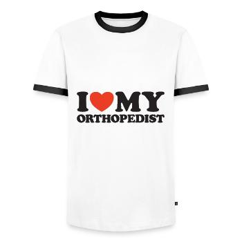 I love my Orthopedist Heart Shirt - Men's Ringer Shirt - white/black - Front - AI Model Female 172 light (172cm) & AI Model Male 178 dark (178cm)