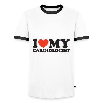I love my Cardiologist Heart Shirt - Men's Ringer Shirt - white/black - Front - AI Model Female 172 light (172cm) & AI Model Male 178 dark (178cm)