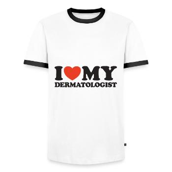 I love my Dermatologist Herz Shirt - Männer Kontrast-T-Shirt - Weiß/Schwarz - Vorne - AI Model Female 172 light (172cm) & AI Model Male 178 dark (178cm)