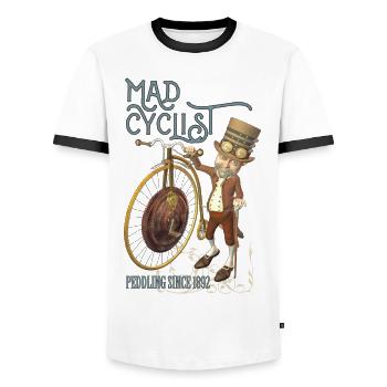 Steampunk Penny Farthing Bicycle Funny Mad Cyclist - Men's Ringer Shirt - white/black - Front - AI Model Female 172 light (172cm) & AI Model Male 178 dark (178cm)