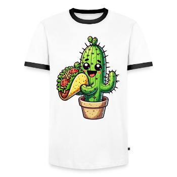 Kawaii Cactus Takko Fast Food Comic - Men's Ringer Shirt - white/black - Front - AI Model Female 172 light (172cm) & AI Model Male 178 dark (178cm)