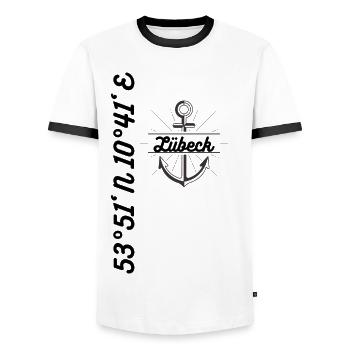 Lübeck coordinates Maritime motif - Men's Ringer Shirt - white/black - Front - AI Model Female 172 light (172cm) & AI Model Male 178 dark (178cm)