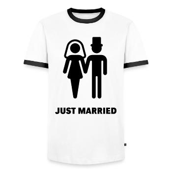 Just Married (Bridal Couple) - Men's Ringer Shirt - white/black - Front - AI Model Female 172 light (172cm) & AI Model Male 178 dark (178cm)