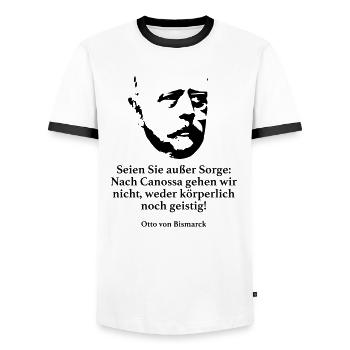 Bismarck: Seien Sie außer Sorge: Nach Canossa geh - Männer Kontrast-T-Shirt - Weiß/Schwarz - Vorne - AI Model Female 172 light (172cm) & AI Model Male 178 dark (178cm)