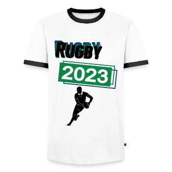 Rugby 2023 Rugbyspiel Rugbyspieler Sport Spiel - Männer Kontrast-T-Shirt - Weiß/Schwarz - Vorne - AI Model Female 172 light (172cm) & AI Model Male 178 dark (178cm)