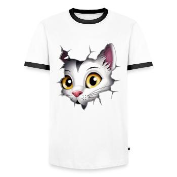 Hole Peekaboo: Baby-Katze auf Abenteuer - Männer Kontrast-T-Shirt - Weiß/Schwarz - Vorne - AI Model Female 172 light (172cm) & AI Model Male 178 dark (178cm)