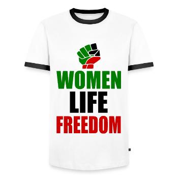 Women life freedom iran - Männer Kontrast-T-Shirt - Weiß/Schwarz - Vorne - AI Model Female 172 light (172cm) & AI Model Male 178 dark (178cm)