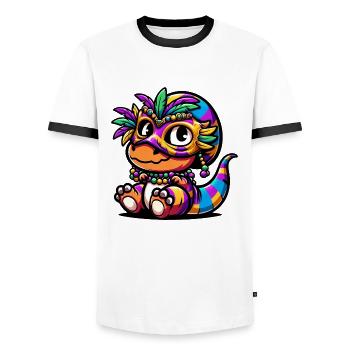 Mardi Gras Dino T-Rex: Karnevalsmaske und Perlen - Männer Kontrast-T-Shirt - Weiß/Schwarz - Vorne - AI Model Female 172 light (172cm) & AI Model Male 178 dark (178cm)