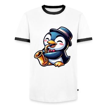Pinguin Saxofon Jazz Musiker Saxofonist - Männer Kontrast-T-Shirt - Weiß/Schwarz - Vorne - AI Model Female 172 light (172cm) & AI Model Male 178 dark (178cm)