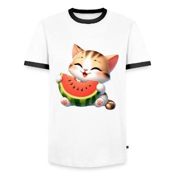 Melon Chat Pastèque Drôle Fruité - T-shirt contrasté Homme - blanc/noir - Devant - AI Model Female 172 light (172cm) & AI Model Male 178 dark (178cm)