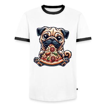 Chien Carlin Pizza Dessin animé Drôle Humour Nourriture - T-shirt contrasté Homme - blanc/noir - Devant - AI Model Female 172 light (172cm) & AI Model Male 178 dark (178cm)