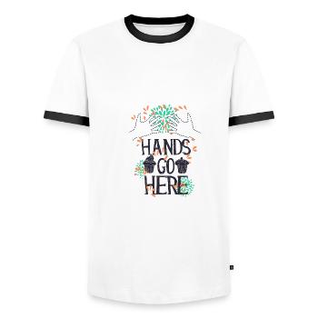 Hands go here cupcake shirt - Men's Ringer Shirt - white/black - Front - AI Model Female 172 light (172cm) & AI Model Male 178 dark (178cm)