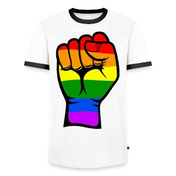 Rainbow Color Flag Hand Fist Symbol - Men's Ringer Shirt - white/black - Front - AI Model Female 172 light (172cm) & AI Model Male 178 dark (178cm)