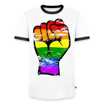 Rainbow Color Flag Hand Fist Symbol Used - Men's Ringer Shirt - white/black - Front - AI Model Female 172 light (172cm) & AI Model Male 178 dark (178cm)