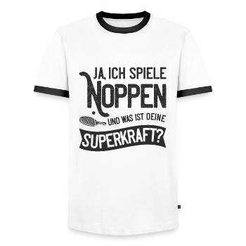 Ja ich spiele Noppen und was ist deine Superkraft? - Männer Kontrast-T-Shirt - Weiß/Schwarz - Vorne - AI Model Female 172 light (172cm) & AI Model Male 178 dark (178cm)