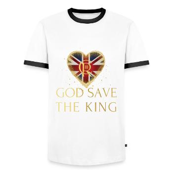 British King Coronation Charles England Flag - Men's Ringer Shirt - white/black - Front - AI Model Female 172 light (172cm) & AI Model Male 178 dark (178cm)