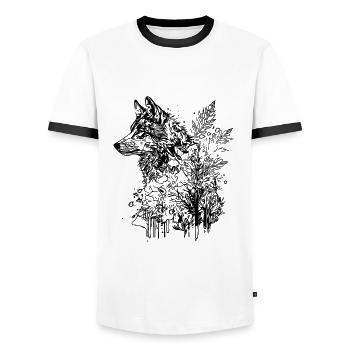 Vintage Wolf Head Portrait Nature Ink Tattoo Style - Men's Ringer Shirt - white/black - Front - AI Model Female 172 light (172cm) & AI Model Male 178 dark (178cm)