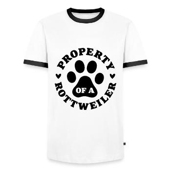 Propriété d’un Rottweiler - T-shirt contrasté Homme - blanc/noir - Devant - AI Model Female 172 light (172cm) & AI Model Male 178 dark (178cm)