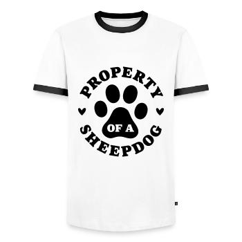 Propriété d’un chien de berger - T-shirt contrasté Homme - blanc/noir - Devant - AI Model Female 172 light (172cm) & AI Model Male 178 dark (178cm)