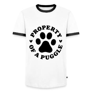 Property of a Puggle - Men's Ringer Shirt - white/black - Front - AI Model Female 172 light (172cm) & AI Model Male 178 dark (178cm)