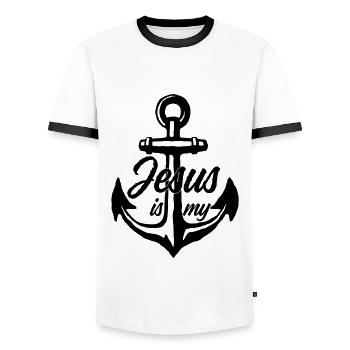 JESUS MY ANCHOR SOUL - Men's Ringer Shirt - white/black - Front - AI Model Female 172 light (172cm) & AI Model Male 178 dark (178cm)