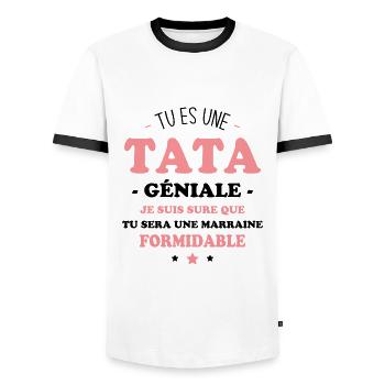Une tata géniale et une marraine formidable - T-shirt contrasté Homme - blanc/noir - Devant - AI Model Female 172 light (172cm) & AI Model Male 178 dark (178cm)