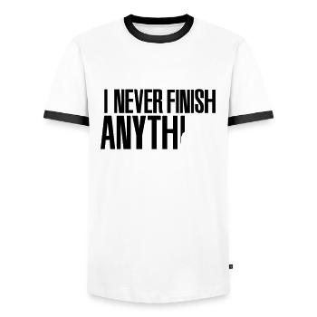 I never finish anything - Männer Kontrast-T-Shirt - Weiß/Schwarz - Vorne - AI Model Female 172 light (172cm) & AI Model Male 178 dark (178cm)