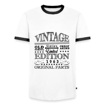 Jahrgang sechziger Jahre 1963 - Männer Kontrast-T-Shirt - Weiß/Schwarz - Vorne - AI Model Female 172 light (172cm) & AI Model Male 178 dark (178cm)