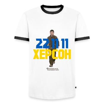 Kherson 22 11 11 Zelensky Ukraine - Men's Ringer Shirt - white/black - Front - AI Model Female 172 light (172cm) & AI Model Male 178 dark (178cm)