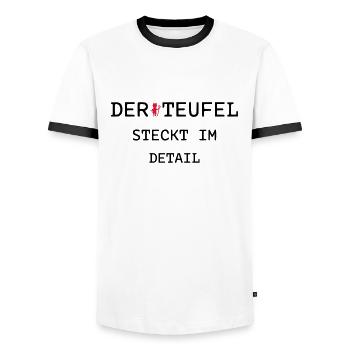 THE DEVIL IS IN DETAIL - Old saying - Men's Ringer Shirt - white/black - Front - AI Model Female 172 light (172cm) & AI Model Male 178 dark (178cm)