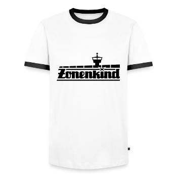 Zonenkind mit Grenzmauer und Turm - Männer Kontrast-T-Shirt - Weiß/Schwarz - Vorne - AI Model Female 172 light (172cm) & AI Model Male 178 dark (178cm)