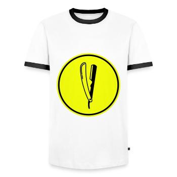 Shave Barber logo icon - Men's Ringer Shirt - white/black - Front - AI Model Female 172 light (172cm) & AI Model Male 178 dark (178cm)