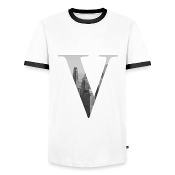 New Yorker Buchstabe V - Männer Kontrast-T-Shirt - Weiß/Schwarz - Vorne - AI Model Female 172 light (172cm) & AI Model Male 178 dark (178cm)