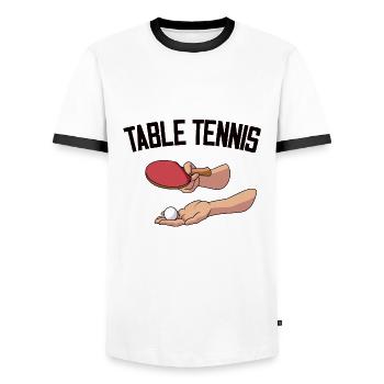 Serve Table tennis ball Table tennis player - Men's Ringer Shirt - white/black - Front - AI Model Female 172 light (172cm) & AI Model Male 178 dark (178cm)