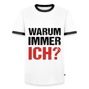 Warum immer ich? Warum - Männer Kontrast-T-Shirt - Weiß/Schwarz - Vorne - AI Model Female 172 light (172cm) & AI Model Male 178 dark (178cm)