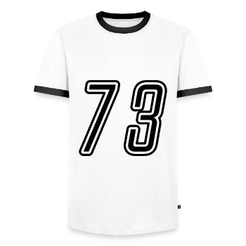 73 Zahl nummer - Männer Kontrast-T-Shirt - Weiß/Schwarz - Vorne - AI Model Female 172 light (172cm) & AI Model Male 178 dark (178cm)