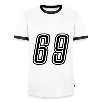 69 Zahl nummer - Männer Kontrast-T-Shirt - Weiß/Schwarz - Vorne - AI Model Female 172 light (172cm) & AI Model Male 178 dark (178cm)