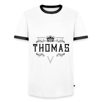 Thomas Name - Men's Ringer Shirt - white/black - Front - AI Model Female 172 light (172cm) & AI Model Male 178 dark (178cm)