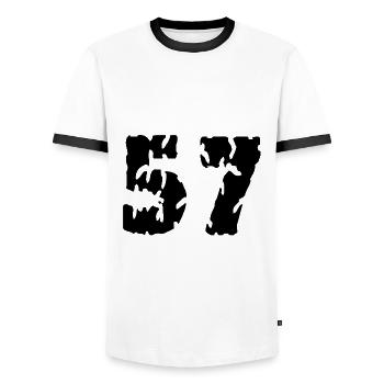 57 Zahl Trikot - Männer Kontrast-T-Shirt - Weiß/Schwarz - Vorne - AI Model Female 172 light (172cm) & AI Model Male 178 dark (178cm)