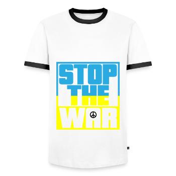 Colors can be changed | Stop the War | No war - Men's Ringer Shirt - white/black - Front - AI Model Female 172 light (172cm) & AI Model Male 178 dark (178cm)