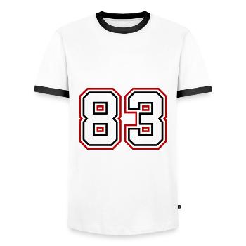 83 Numéro de numéro - T-shirt contrasté Homme - blanc/noir - Devant - AI Model Female 172 light (172cm) & AI Model Male 178 dark (178cm)