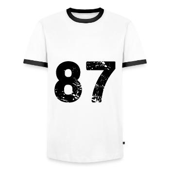 87 Zahl Trikot - Männer Kontrast-T-Shirt - Weiß/Schwarz - Vorne - AI Model Female 172 light (172cm) & AI Model Male 178 dark (178cm)
