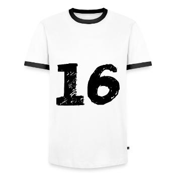 16 Zahl Trikot - Männer Kontrast-T-Shirt - Weiß/Schwarz - Vorne - AI Model Female 172 light (172cm) & AI Model Male 178 dark (178cm)