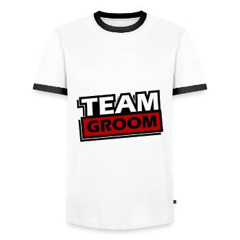 Team Groom Wedding Saying - Men's Ringer Shirt - white/black - Front - AI Model Female 172 light (172cm) & AI Model Male 178 dark (178cm)
