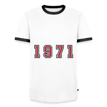 1971 year number - Men's Ringer Shirt - white/black - Front - AI Model Female 172 light (172cm) & AI Model Male 178 dark (178cm)