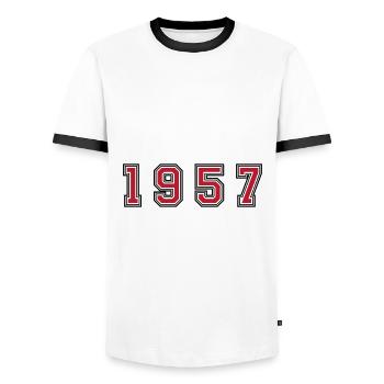 1957 year number - Men's Ringer Shirt - white/black - Front - AI Model Female 172 light (172cm) & AI Model Male 178 dark (178cm)