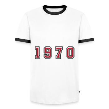1970 year number - Men's Ringer Shirt - white/black - Front - AI Model Female 172 light (172cm) & AI Model Male 178 dark (178cm)